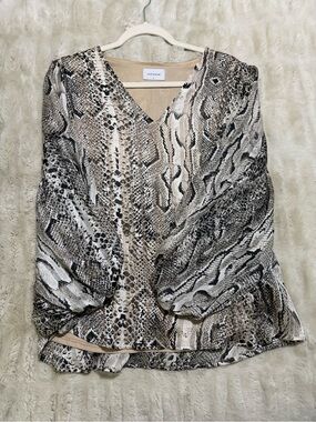 Adrienne Beige and Black Snake Print V-Neck Blouse